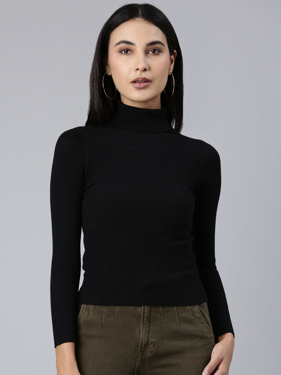 Women's Ribbed Black High Neck Top