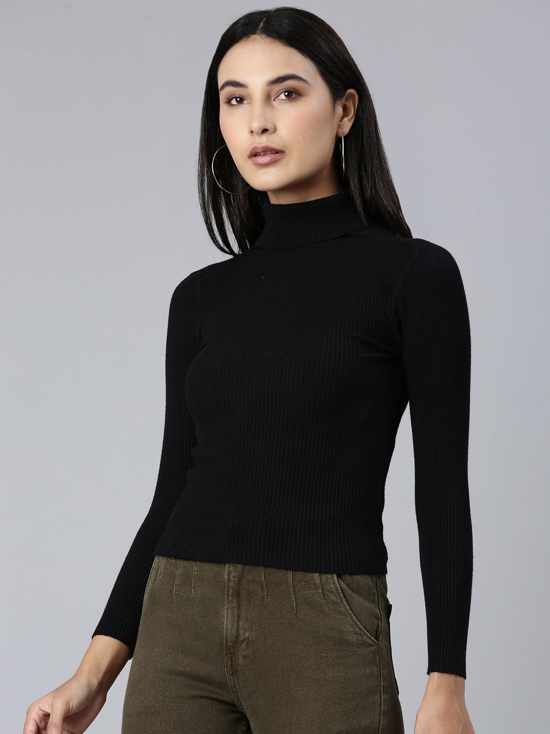 Women's Ribbed Black High Neck Top