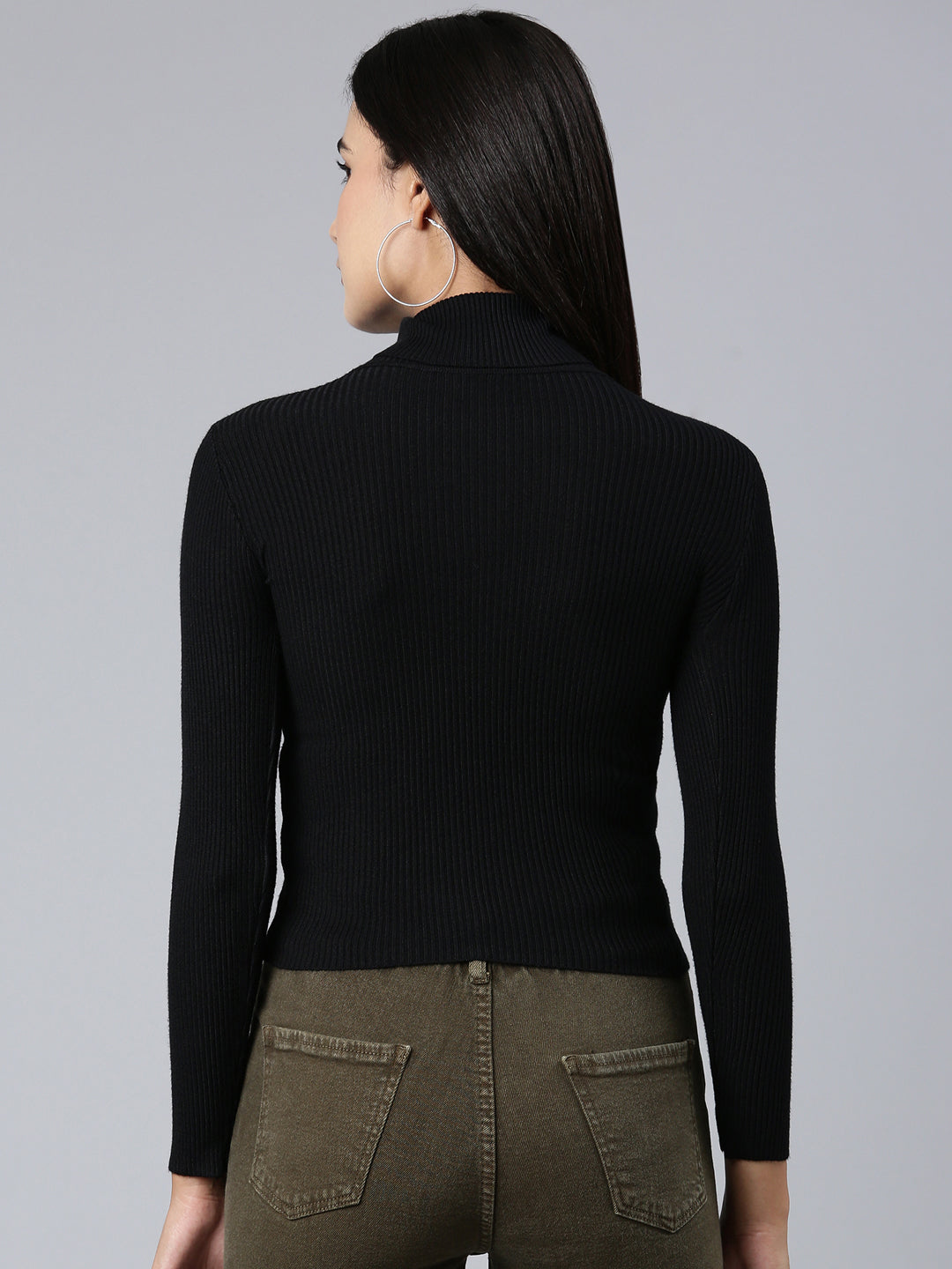 Women's Ribbed Black High Neck Top