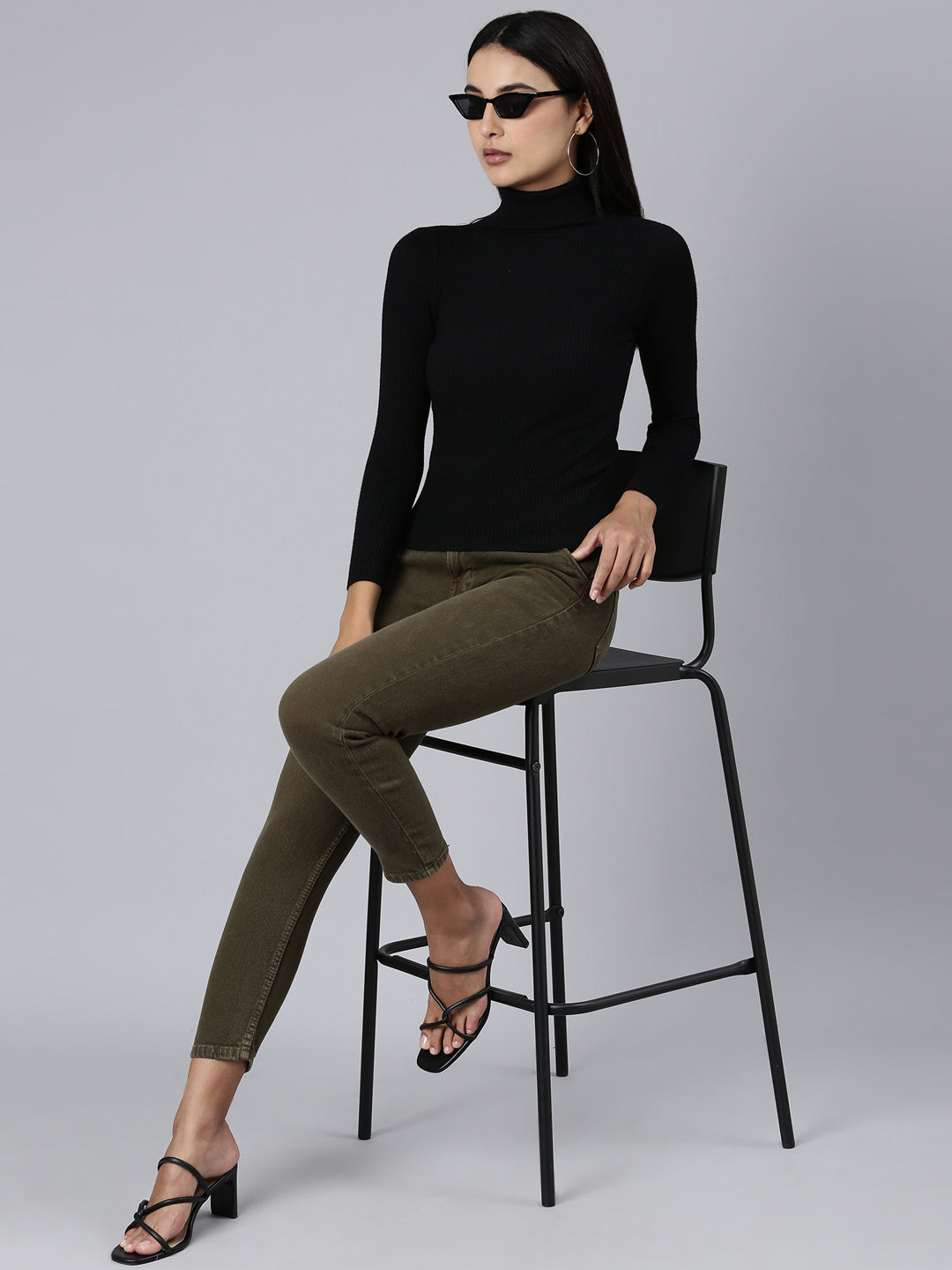 Women's Ribbed Black High Neck Top