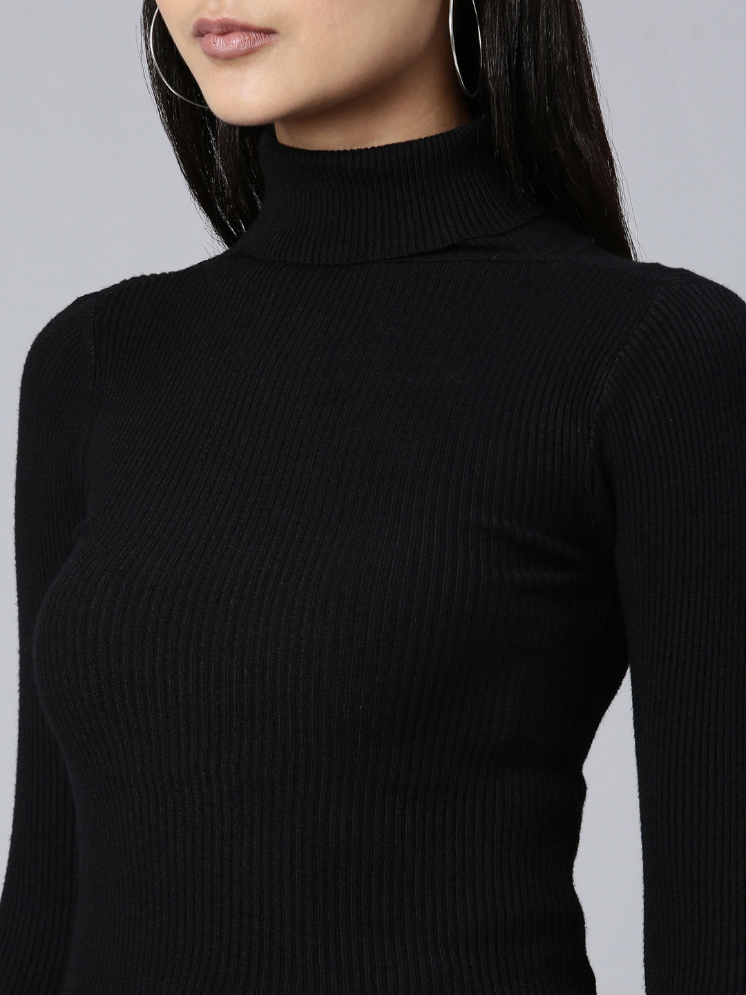 Women's Ribbed Black High Neck Top