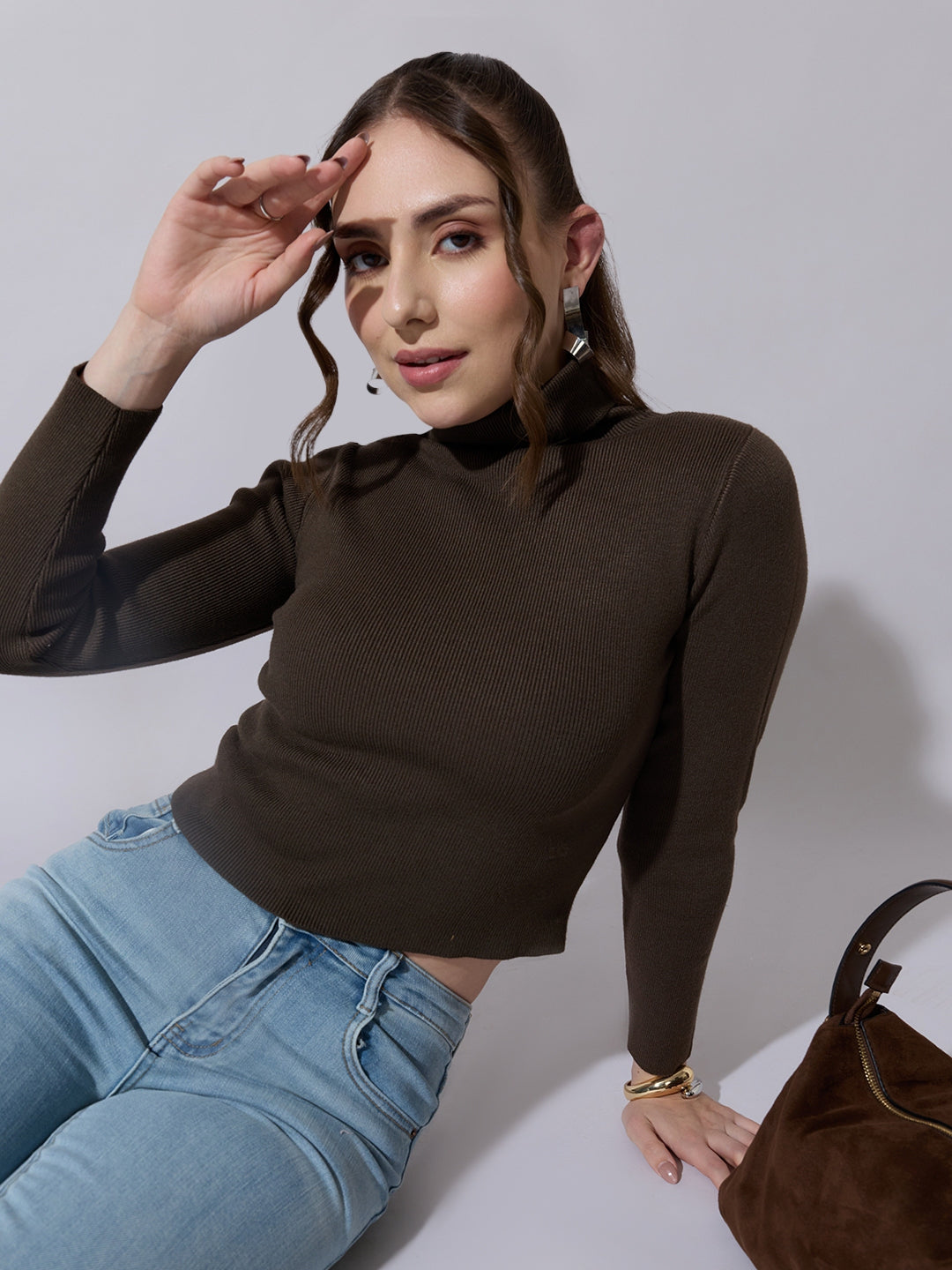 Women's Ribbed Olive High Neck Top