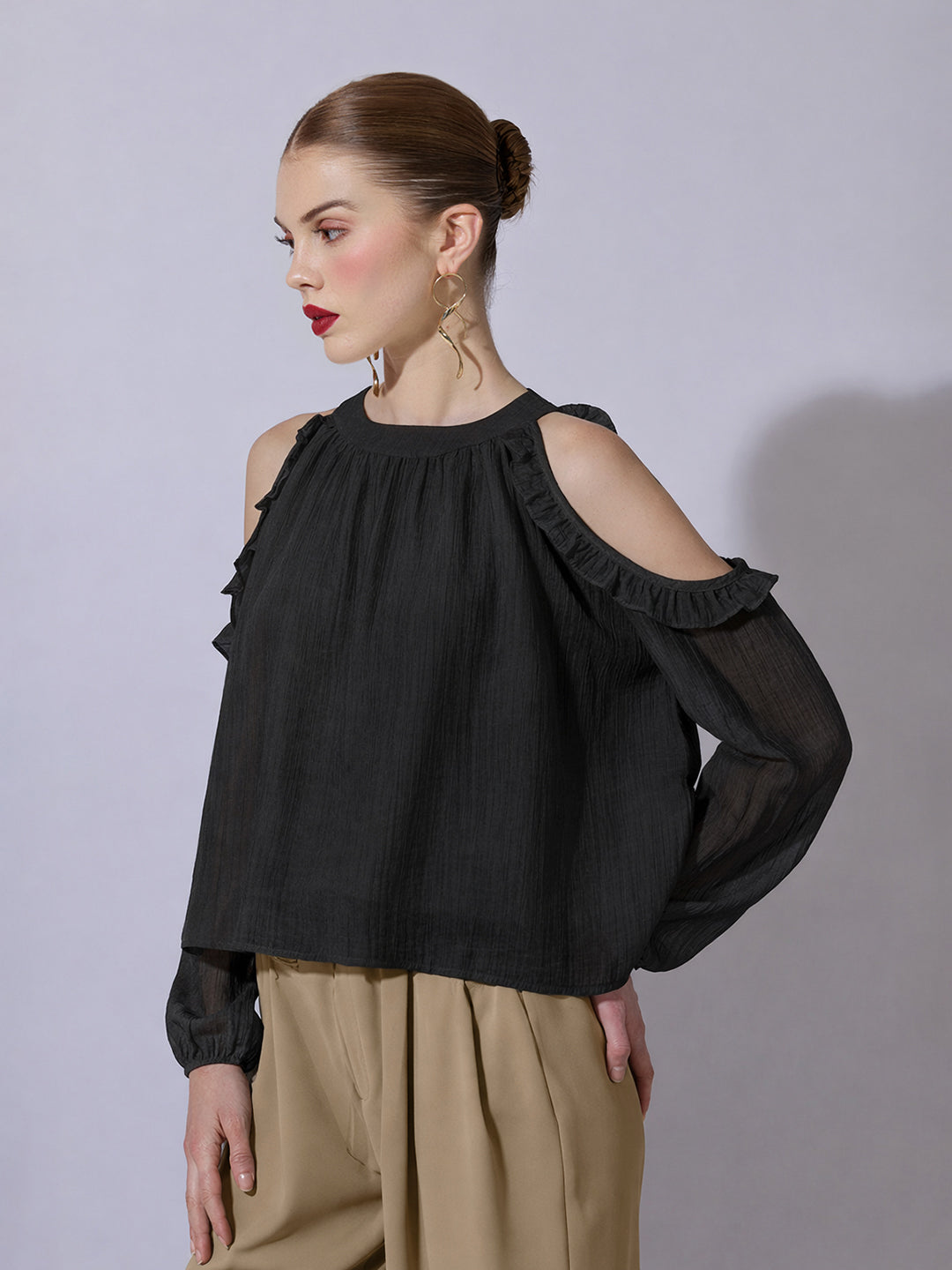 Women's Black Cold-Shoulder Ruffle Top