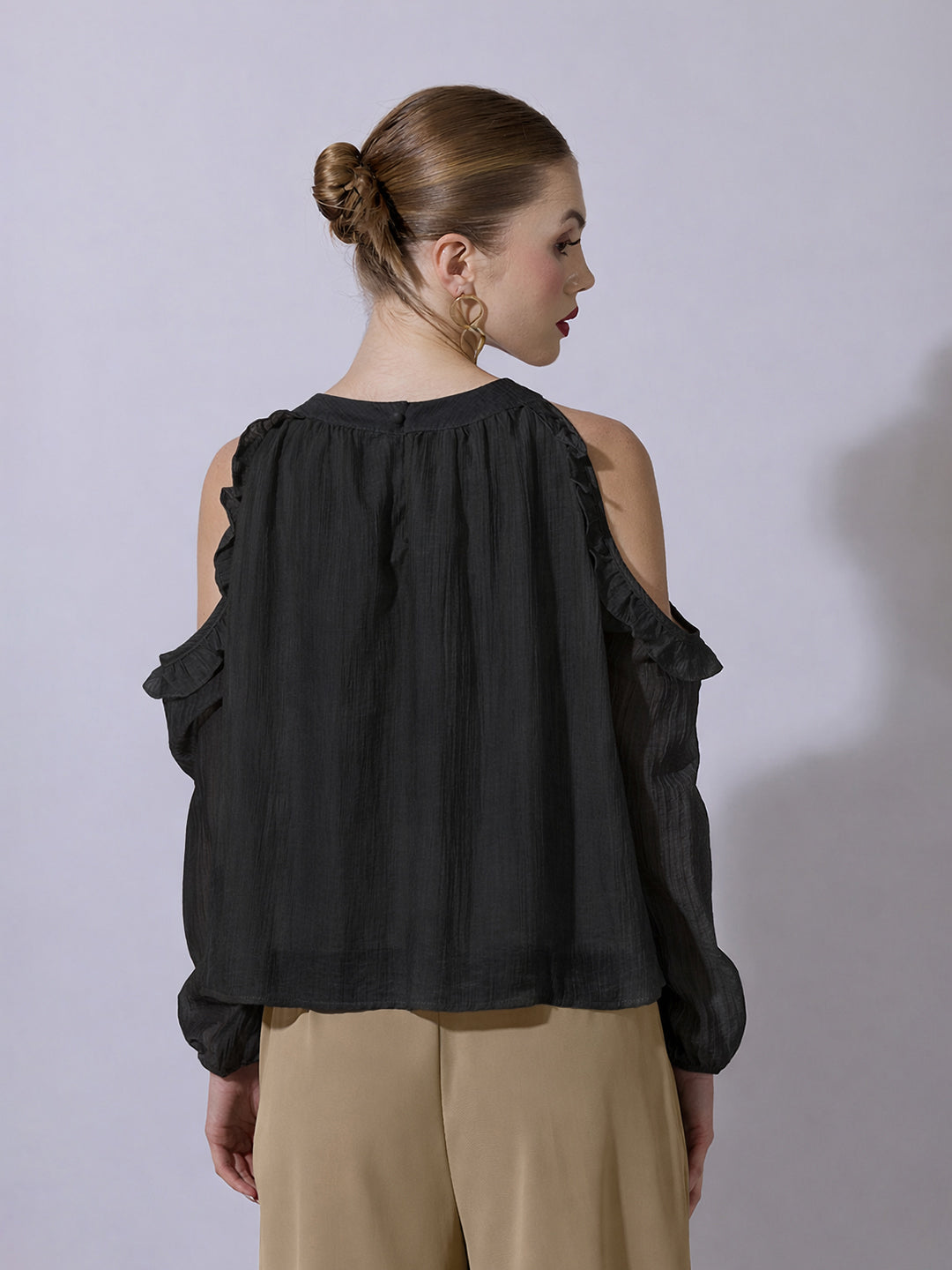Women's Black Cold-Shoulder Ruffle Top