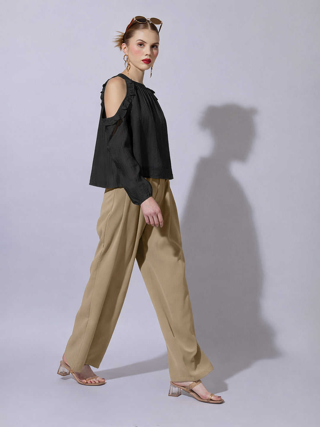 Women's Black Cold-Shoulder Ruffle Top