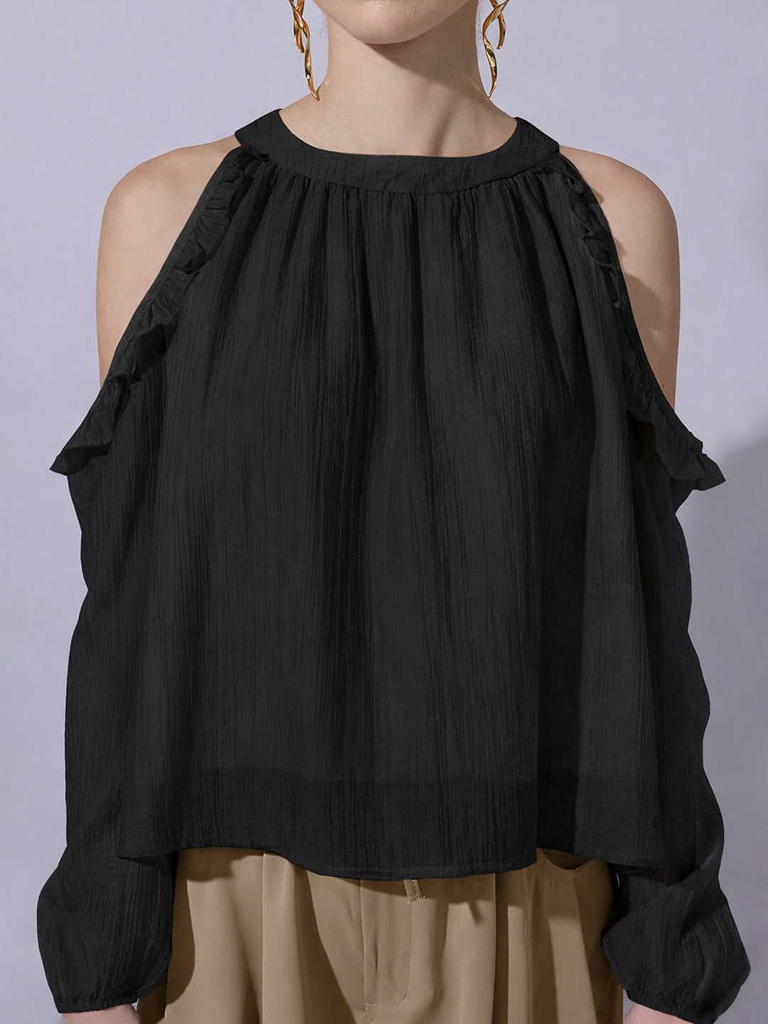 Women's Black Cold-Shoulder Ruffle Top