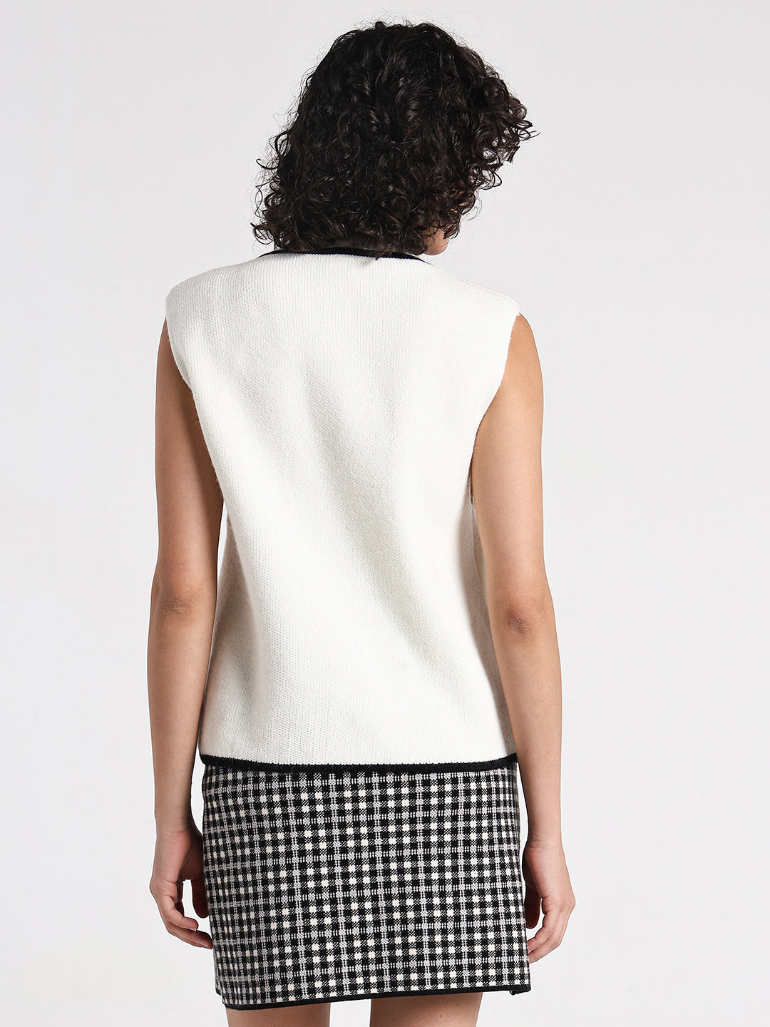 Women's Off White Ribbed Sleeveless Top with Contrast Trim & Bow Detail