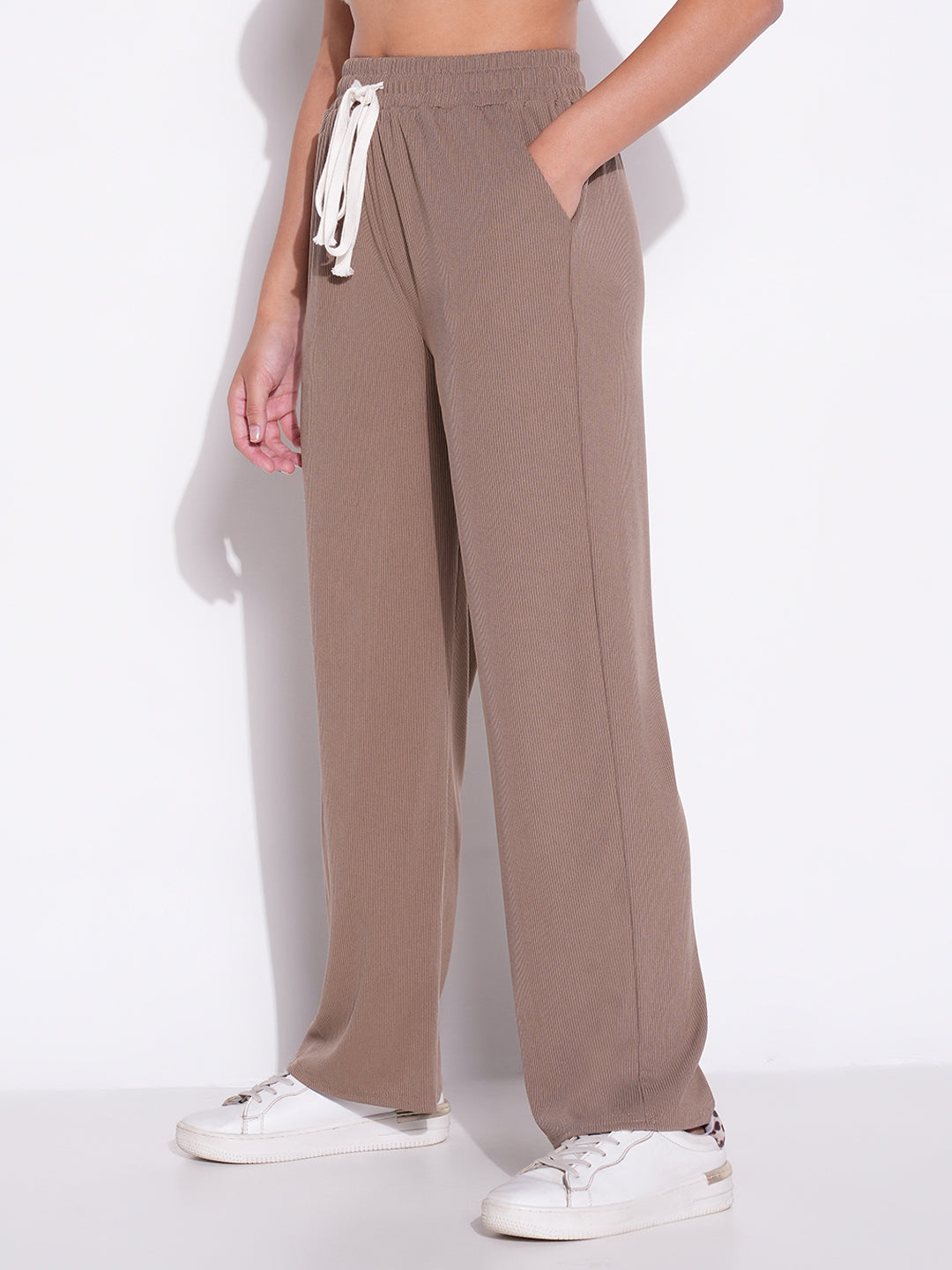 Women Beige Solid Parallel Trousers