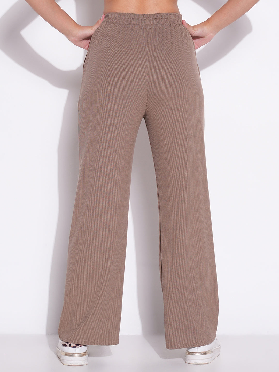 Women Beige Solid Parallel Trousers