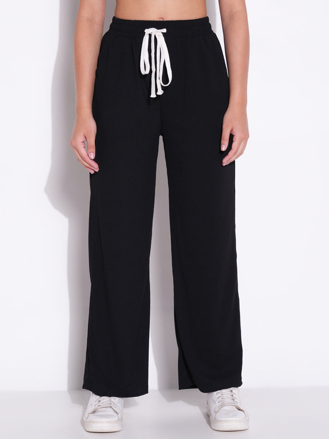 Women Black Solid Parallel Trousers