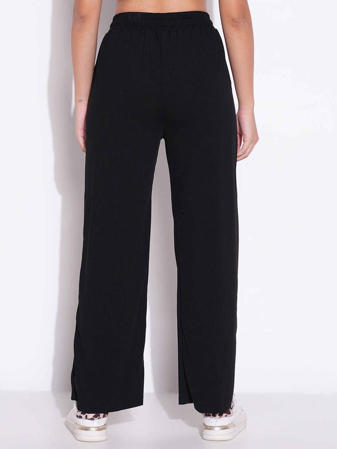 Women Black Solid Parallel Trousers