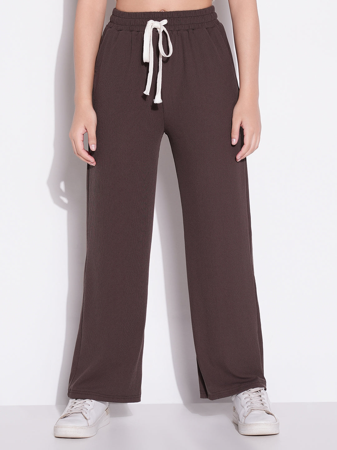 Women Brown Solid Parallel Trousers