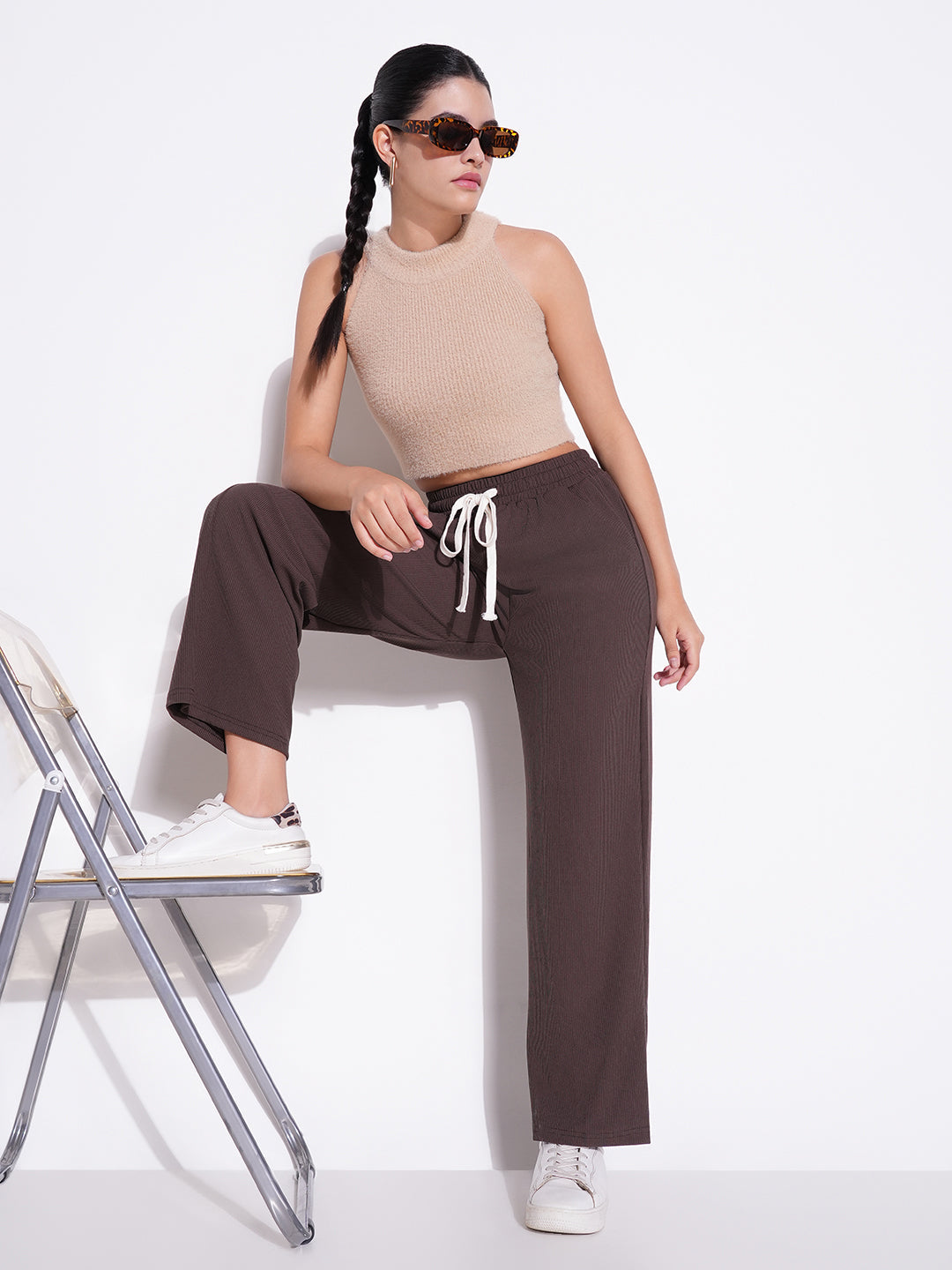 Women Brown Solid Parallel Trousers