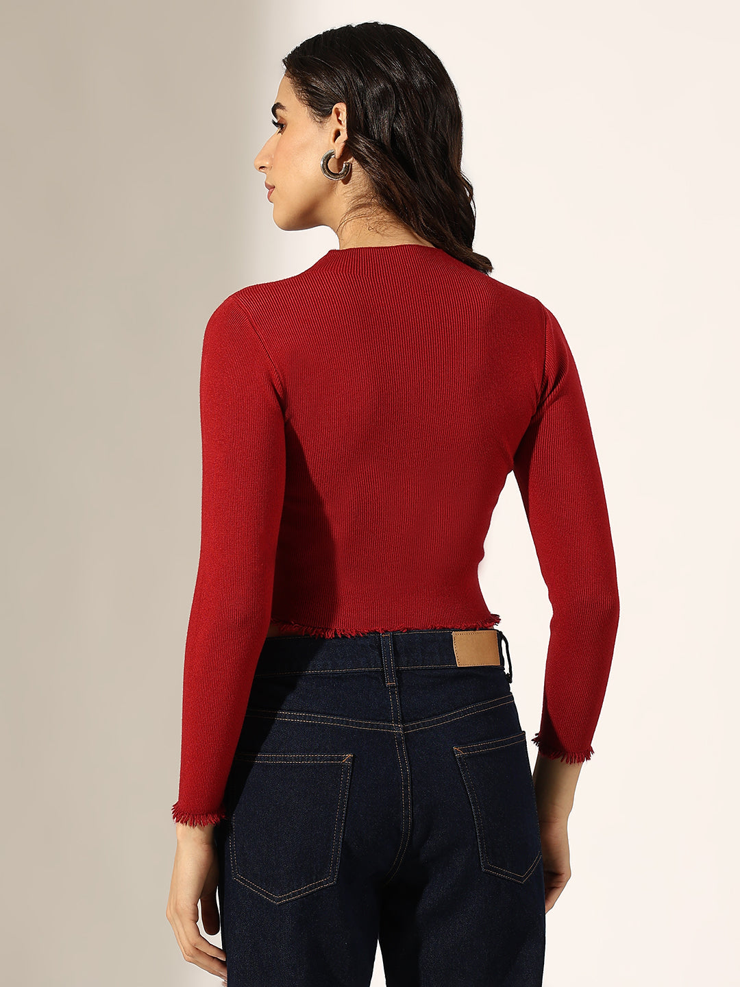 Women's Ribbed Red Mock Neck Top with Frayed Hem