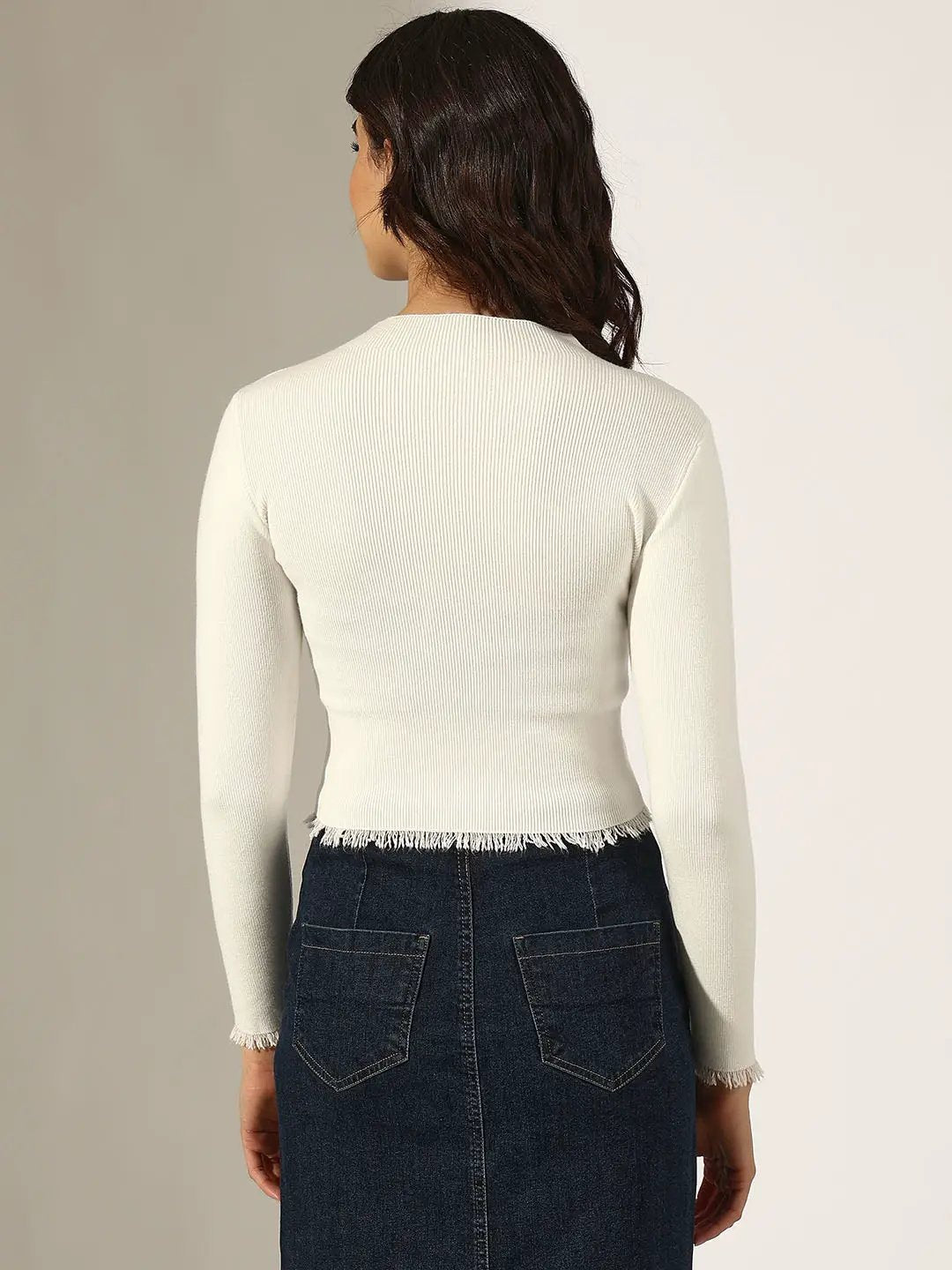 Women's Ribbed White Mock Neck Top with Frayed Hem - from SHOWOFFFF