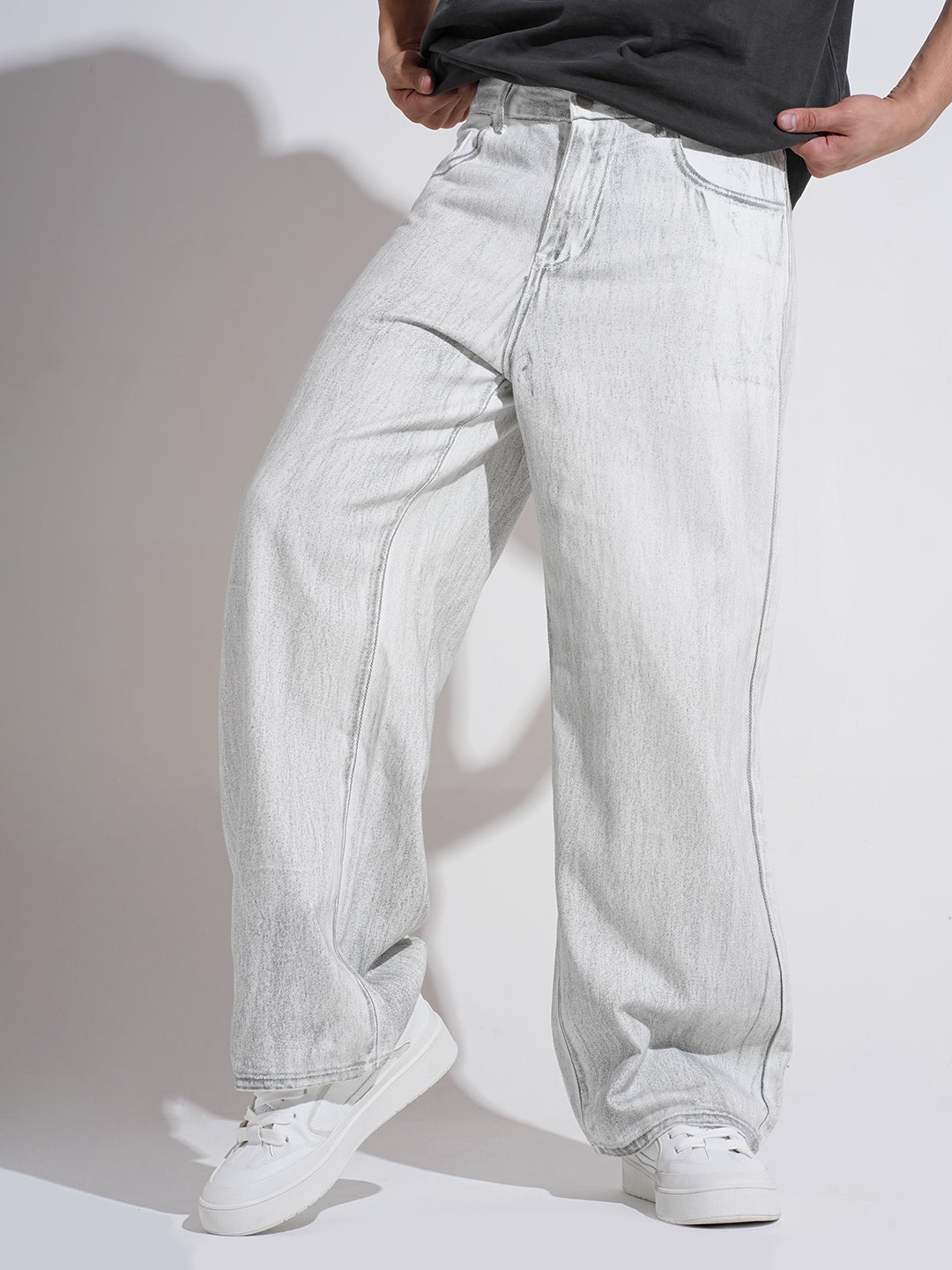 Men's Off White Stone Wash Wide Leg Jeans