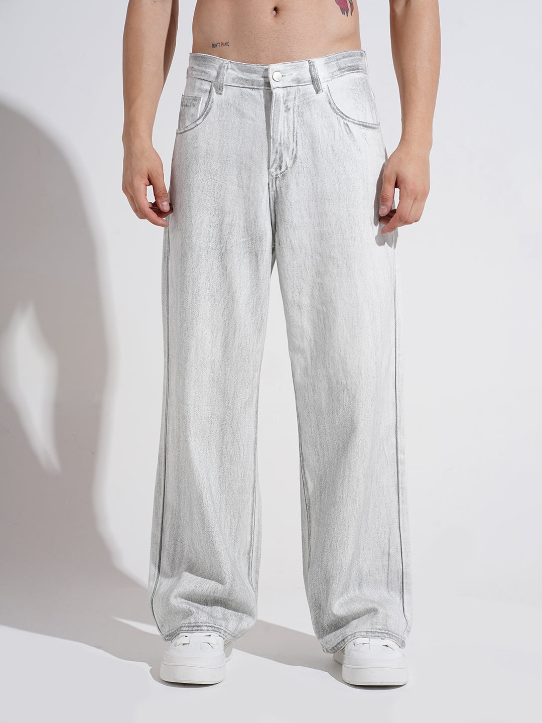 Men's Off White Stone Wash Wide Leg Jeans