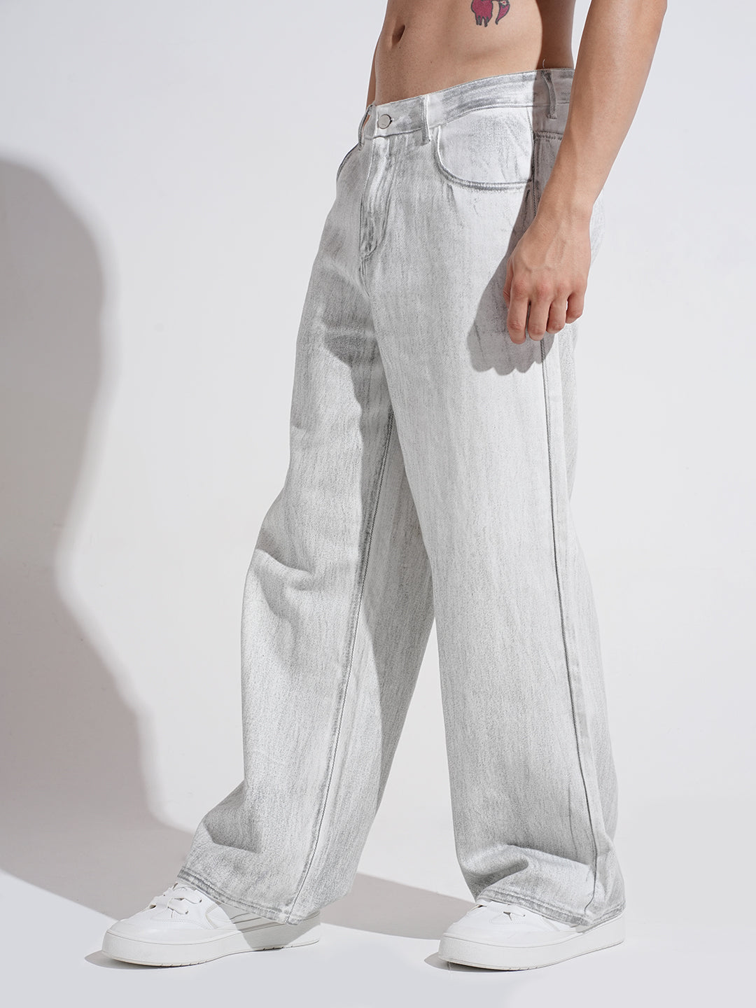 Men's Off White Stone Wash Wide Leg Jeans