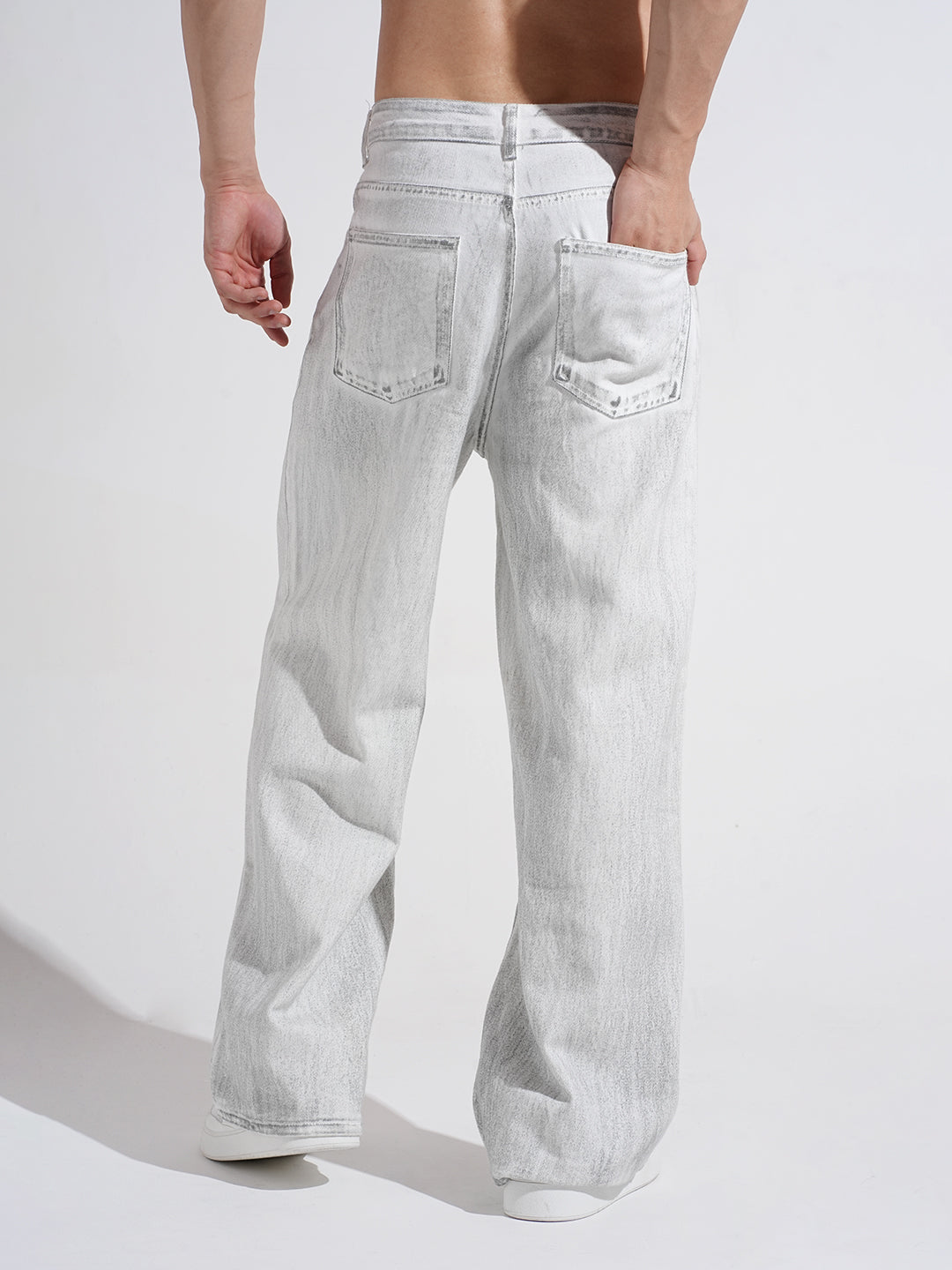 Men's Off White Stone Wash Wide Leg Jeans
