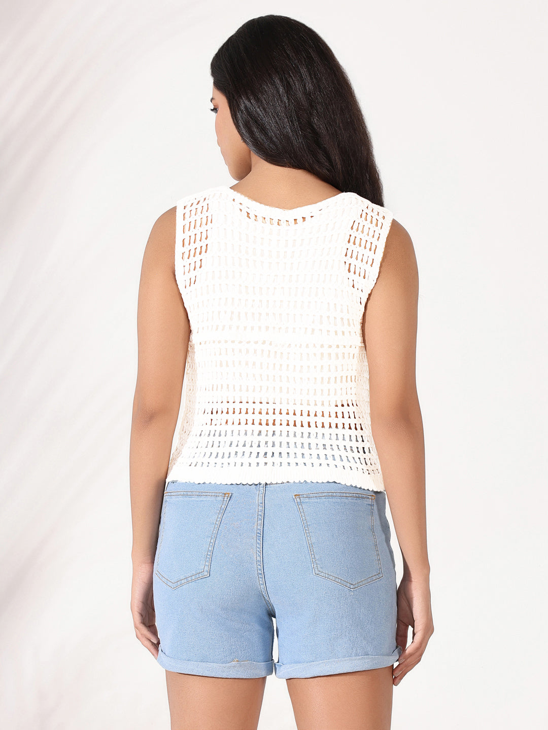 Women Solid White Sleeveless Knit Crochet Top