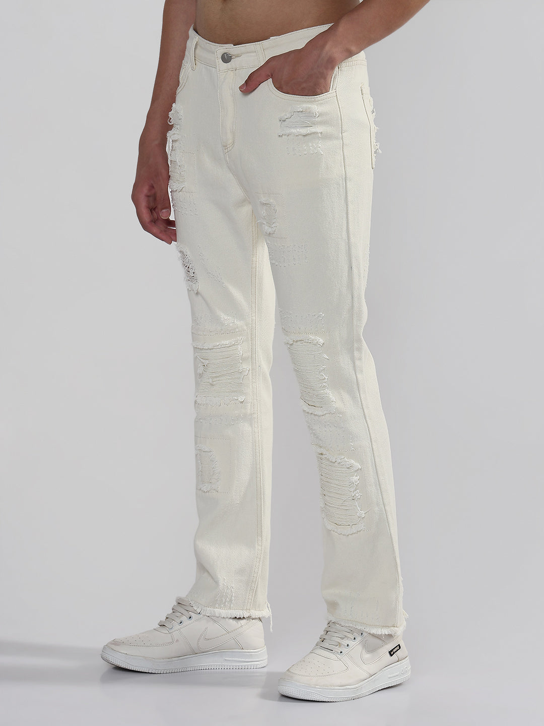 Men's White Slim Fit Distressed Jeans
