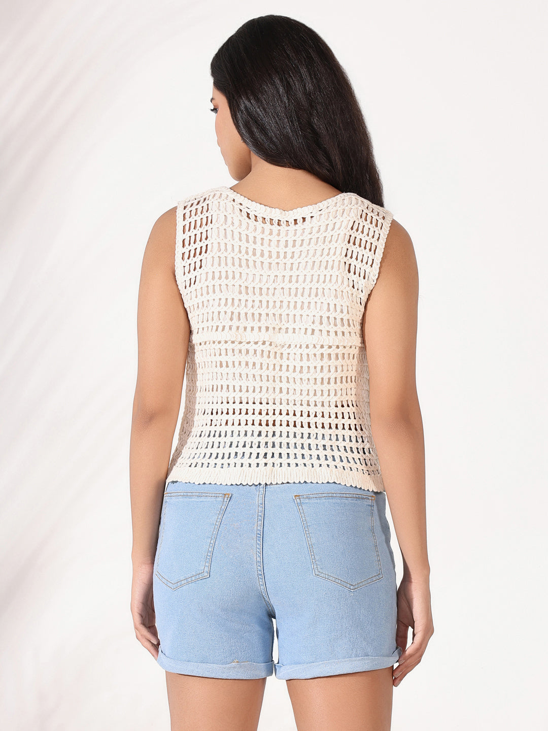 Women Cream Solid Crochet Top