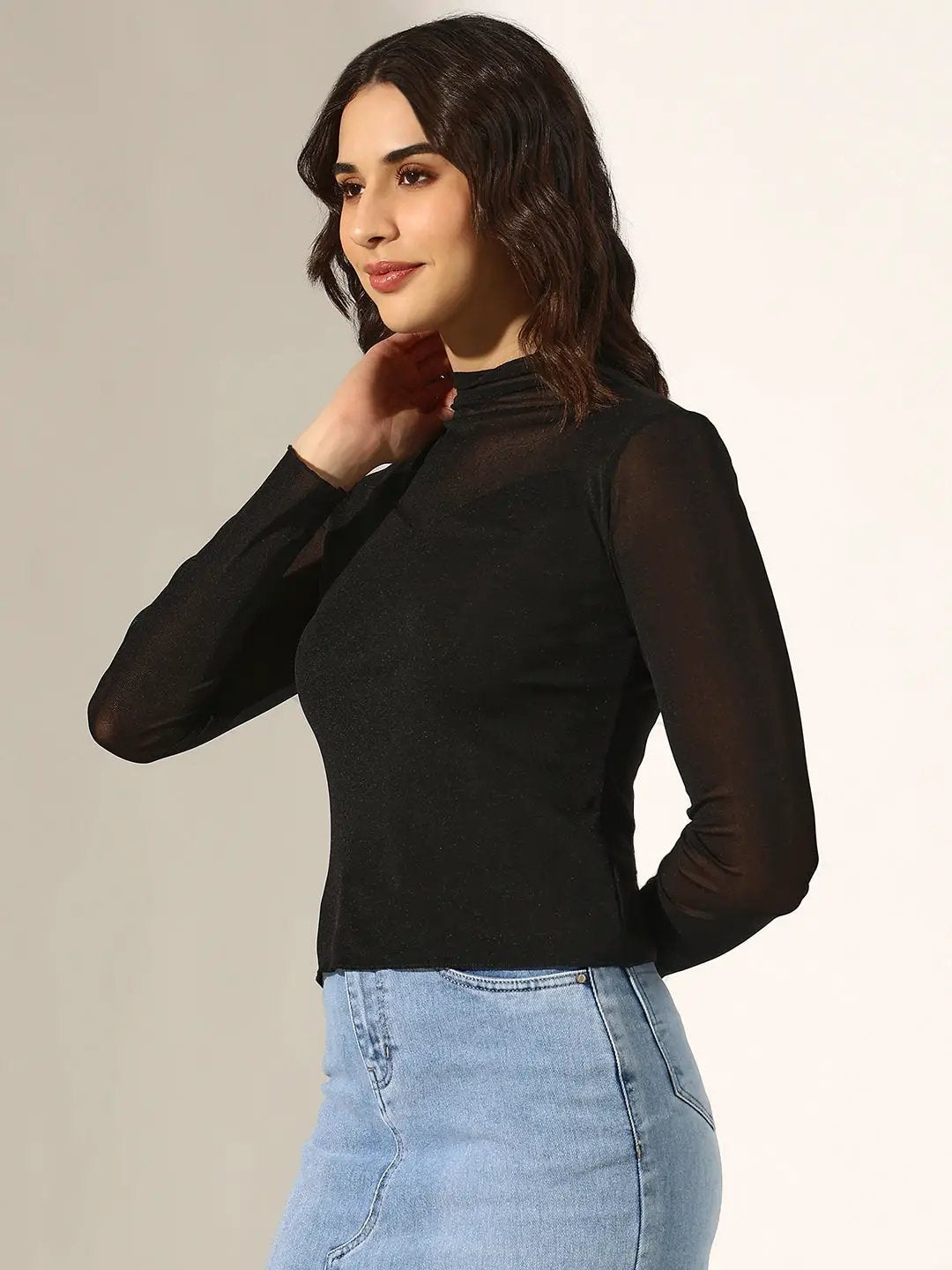 Women's Black Sheer Panel High Neck Mesh Top - from SHOWOFFFF