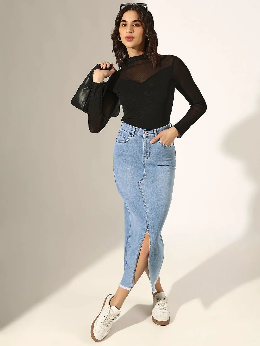 Women's Black Sheer Panel High Neck Mesh Top - from SHOWOFFFF