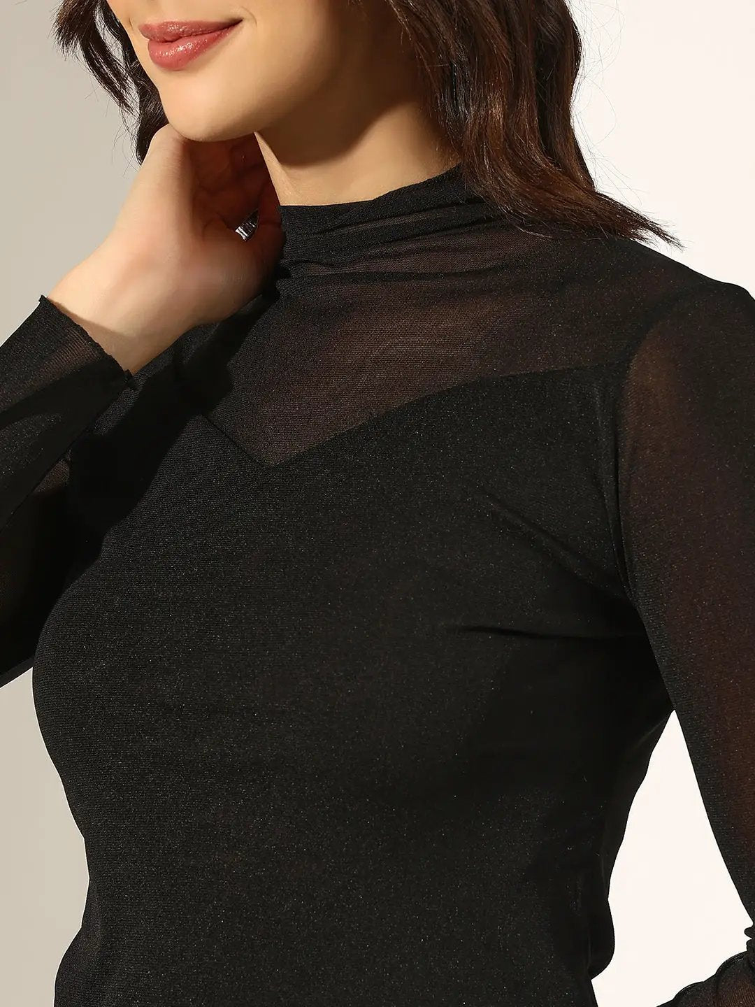 Women's Black Sheer Panel High Neck Mesh Top - from SHOWOFFFF
