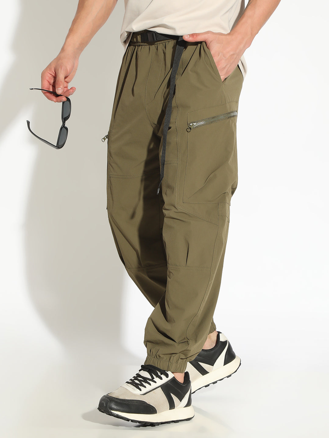 Men's Olive Relaxed Fit Joggers with Attached Adjustable Belt