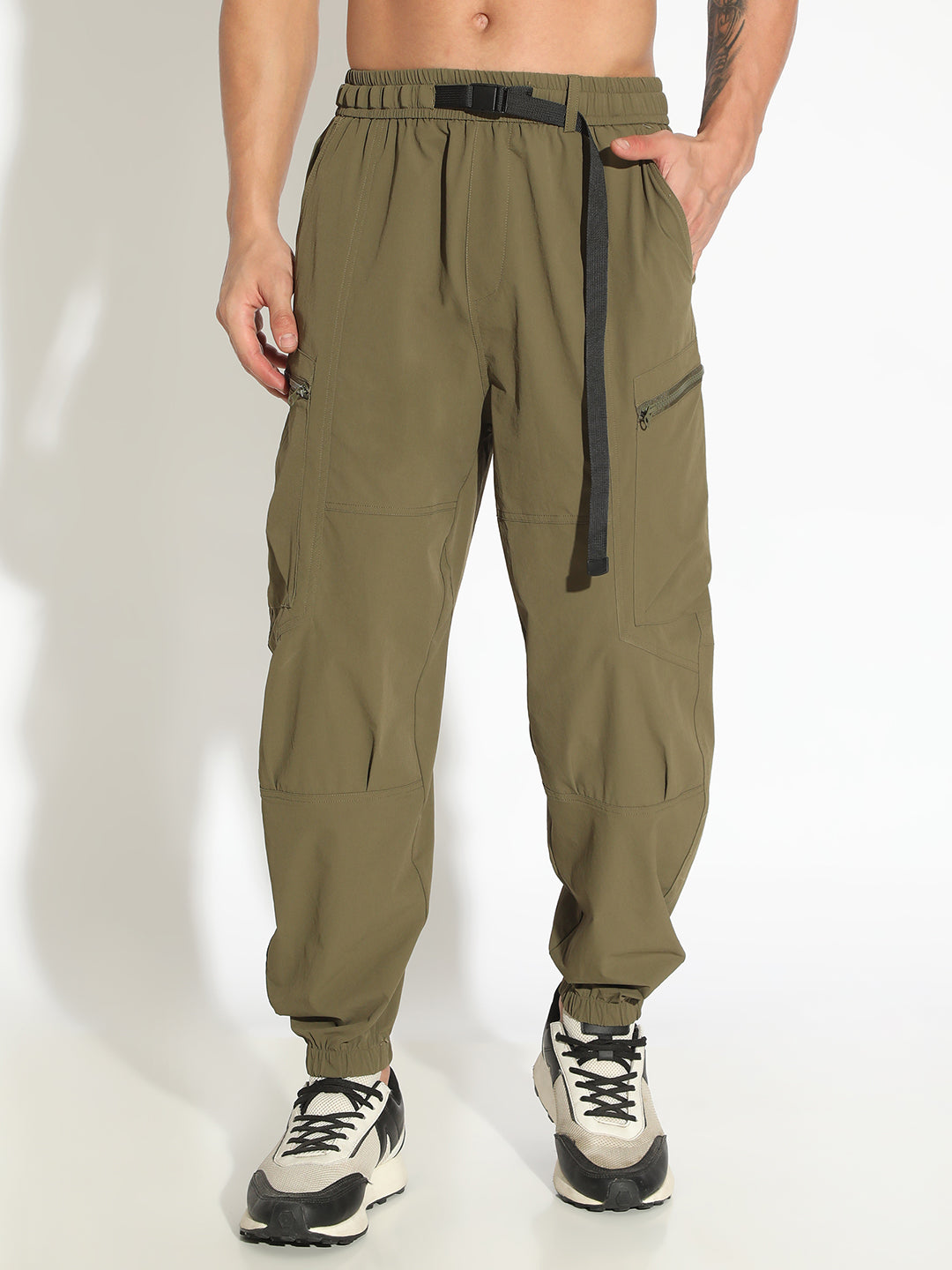 Men's Olive Relaxed Fit Joggers with Attached Adjustable Belt