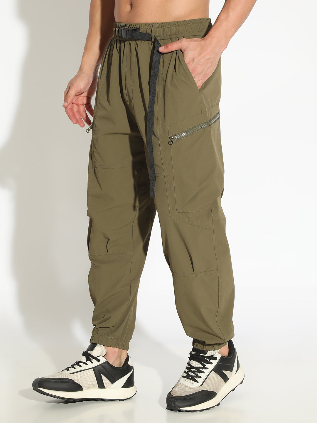 Men's Olive Relaxed Fit Joggers with Attached Adjustable Belt