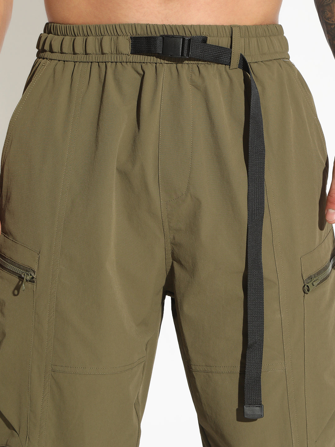 Men's Olive Relaxed Fit Joggers with Attached Adjustable Belt