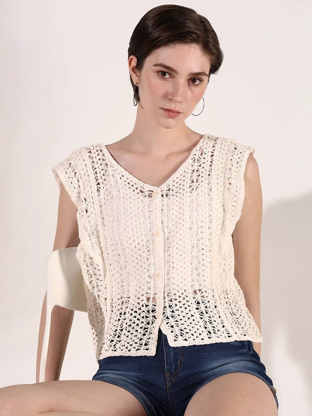 Women's Crochet Cream Button Front Sleeveless Top