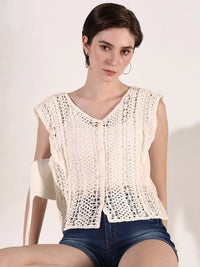 Women's Crochet Cream Button Front Sleeveless Top