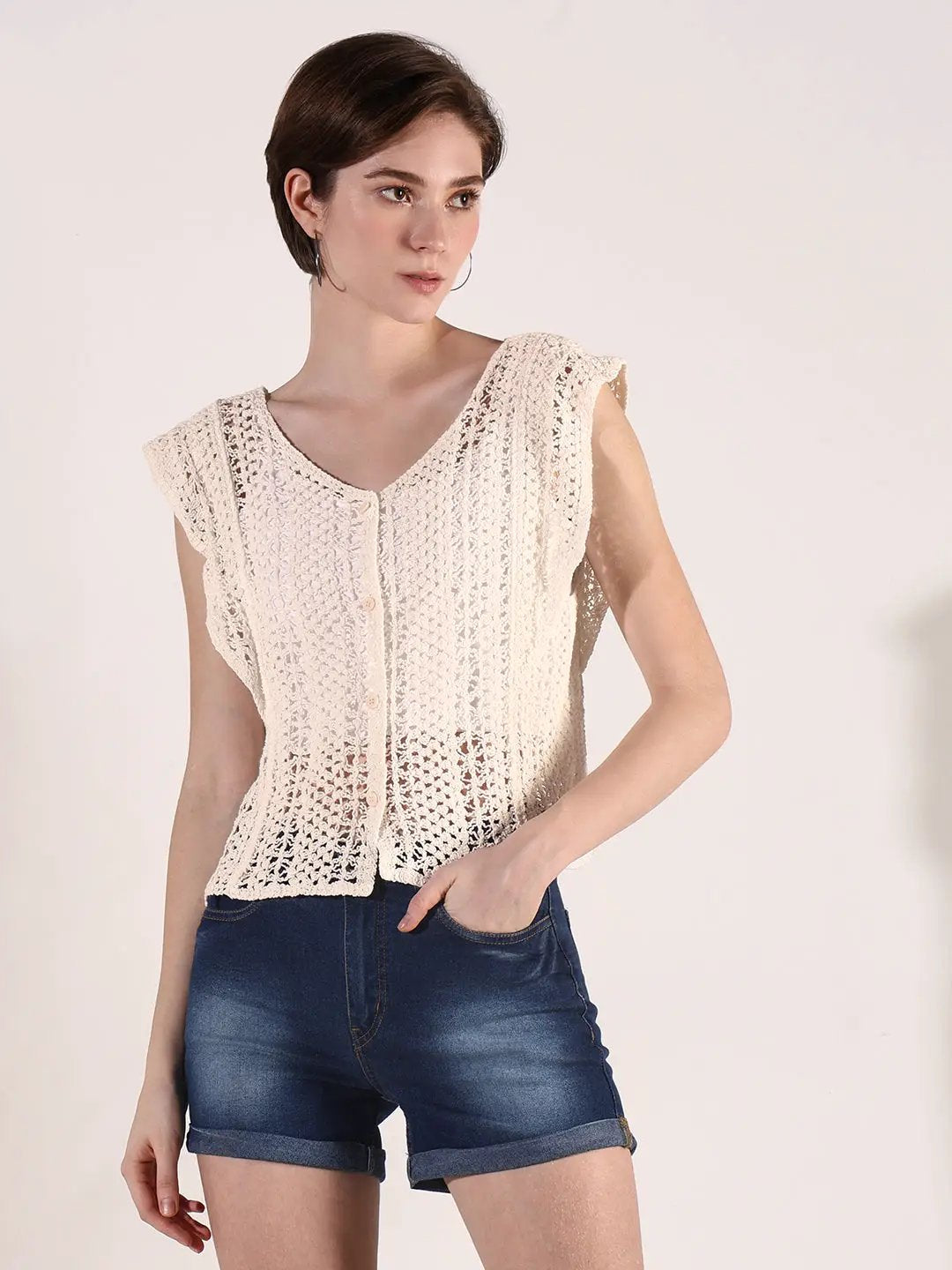 Women's Crochet Cream Button Front Sleeveless Top