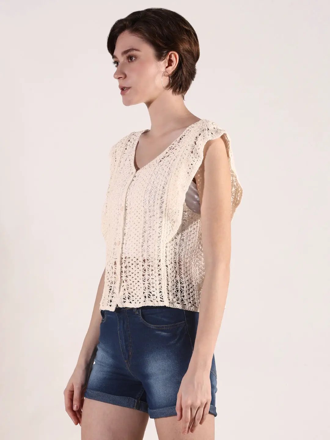Women's Crochet Cream Button Front Sleeveless Top