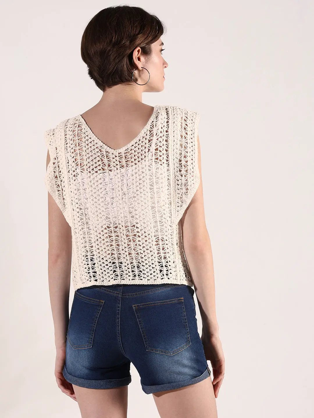 Women's Crochet Cream Button Front Sleeveless Top