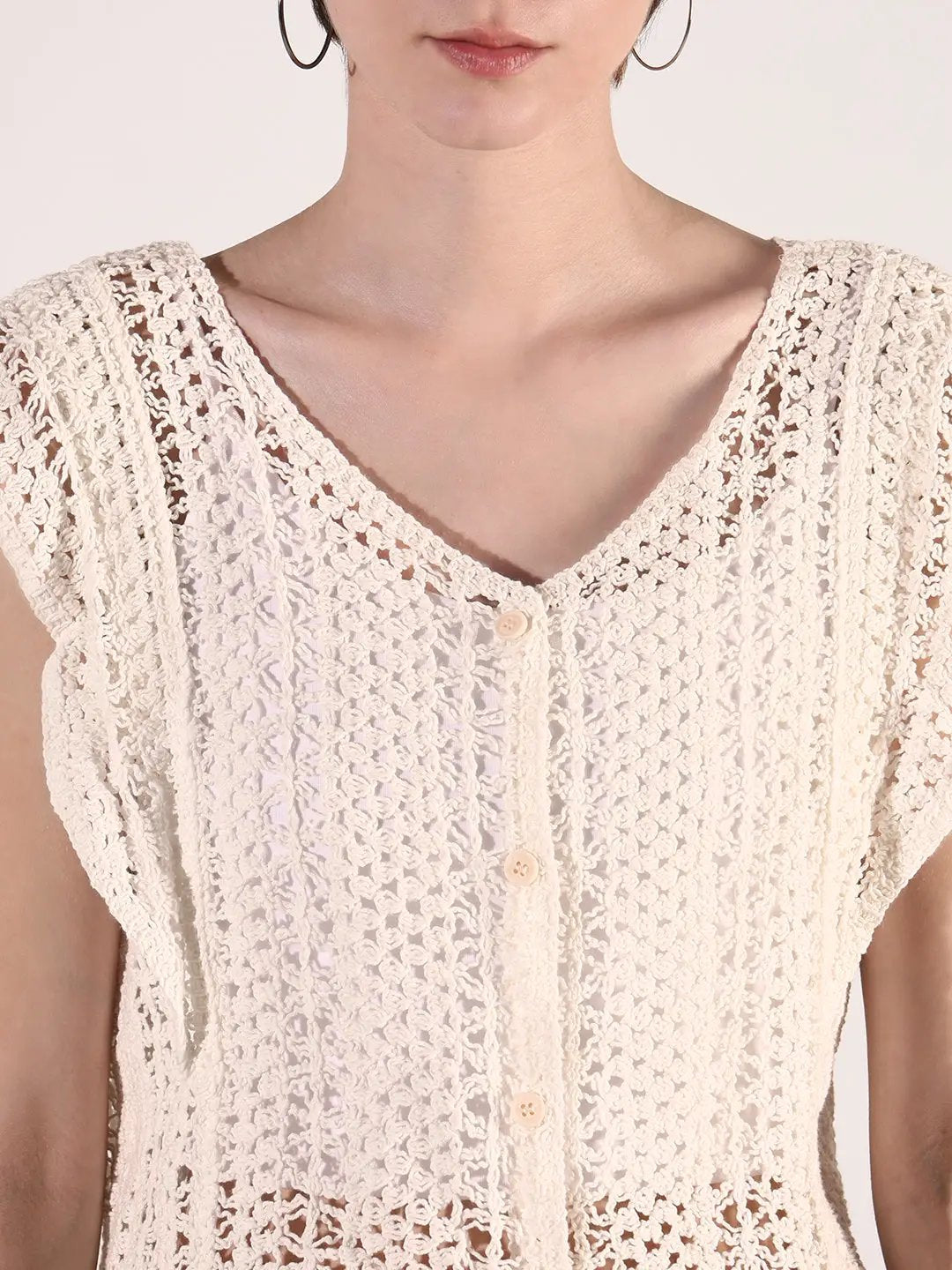 Women's Crochet Cream Button Front Sleeveless Top