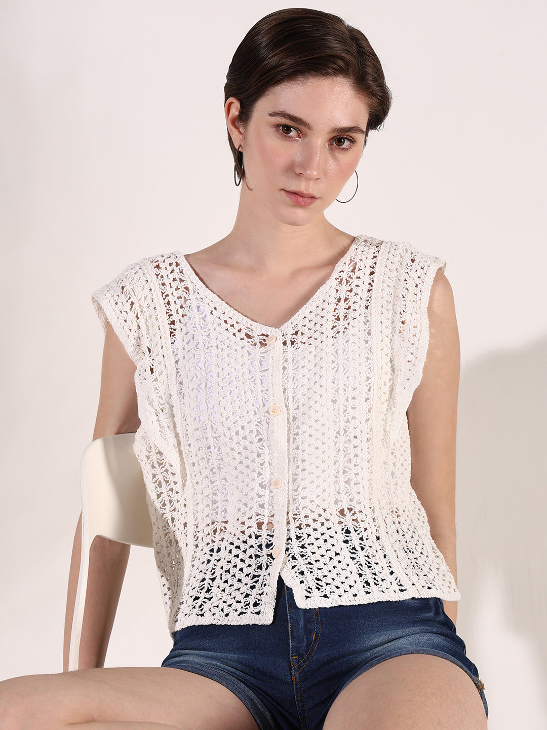 Women Off White Solid Crochet Top