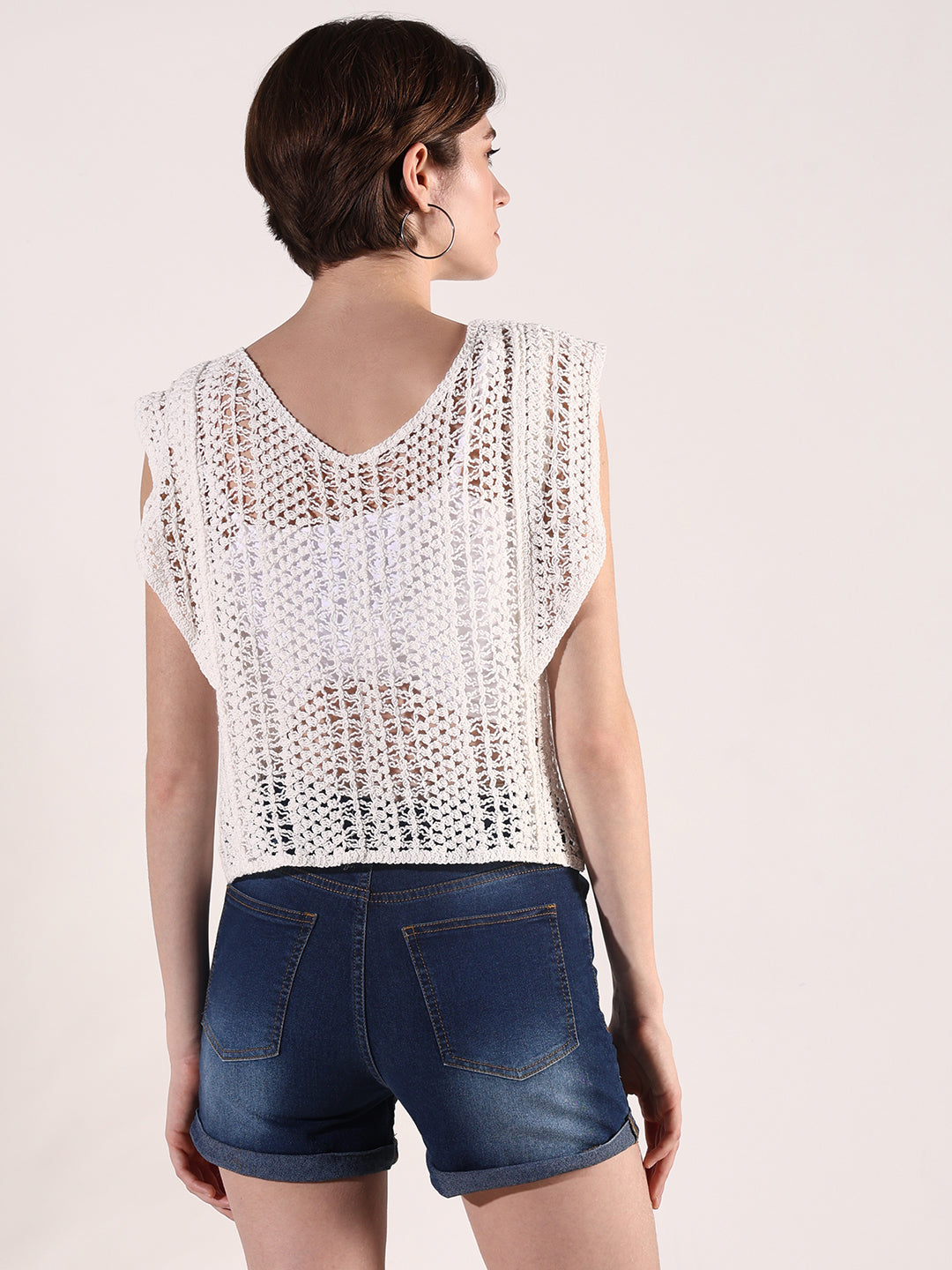 Women Off White Solid Crochet Top