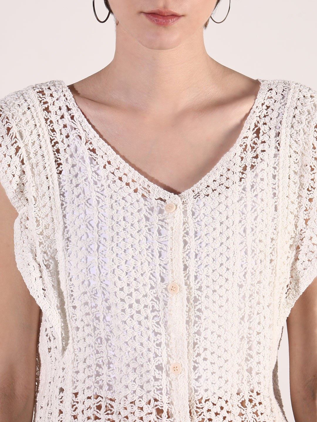 Women Off White Solid Crochet Top