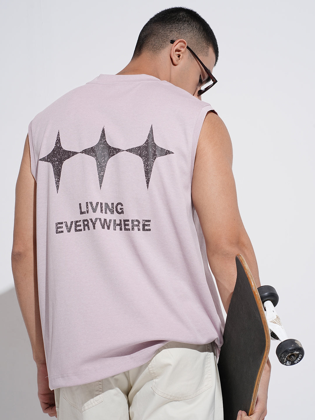 Men's Graphic Print Lavender Sleeveless Round Neck Relaxed Fit T-Shirt