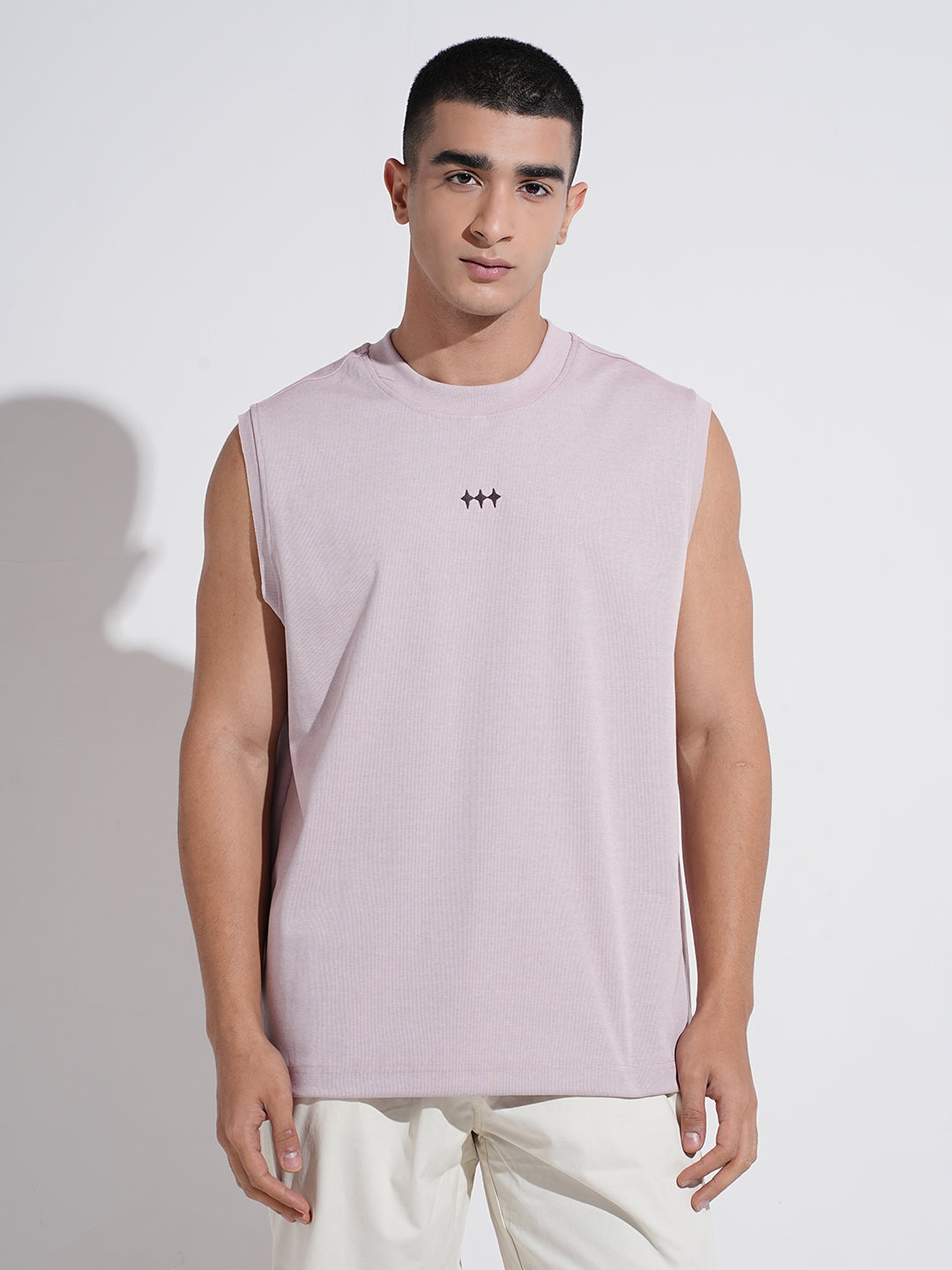 Men's Graphic Print Lavender Sleeveless Round Neck Relaxed Fit T-Shirt