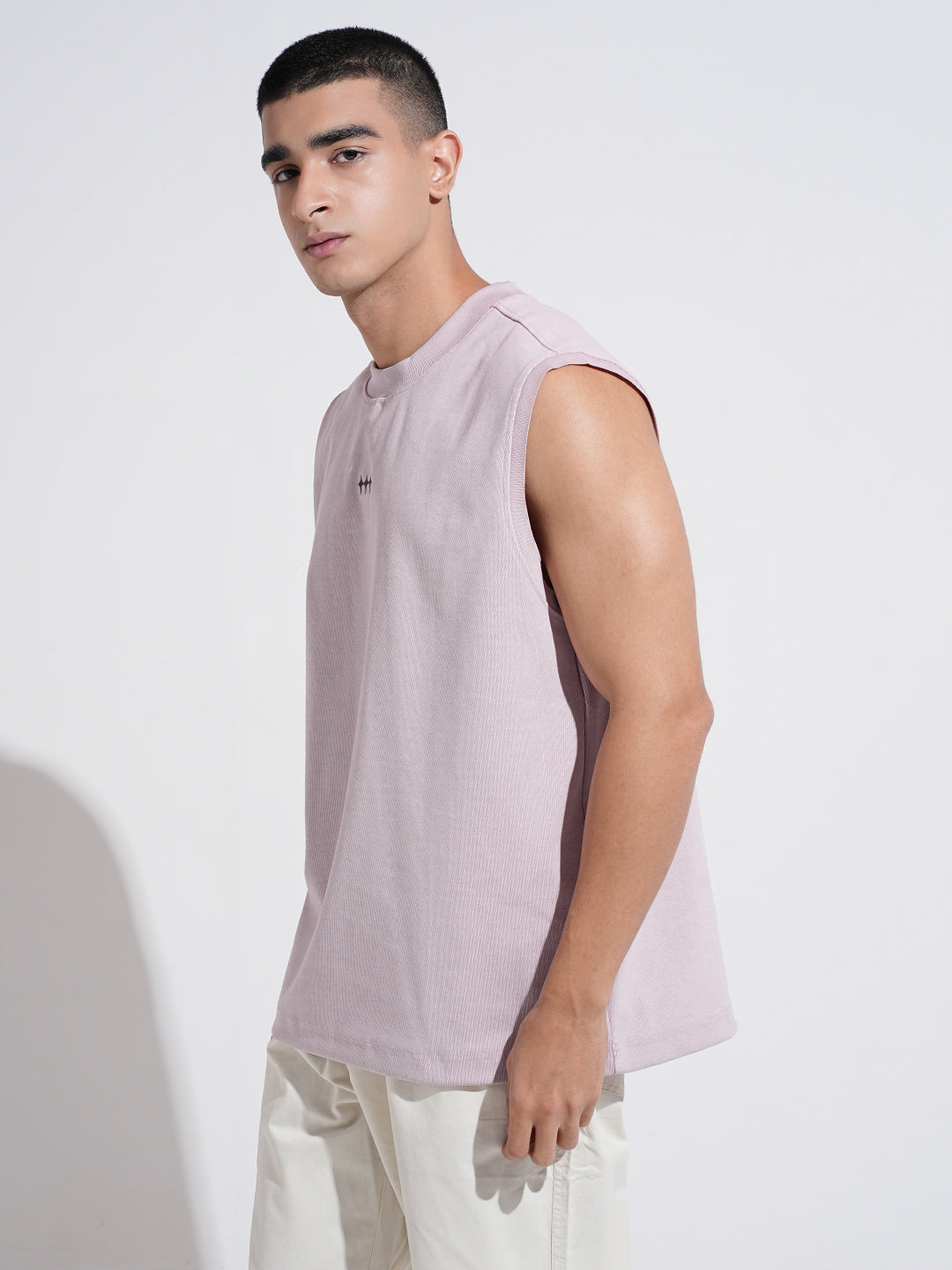 Men's Graphic Print Lavender Sleeveless Round Neck Relaxed Fit T-Shirt