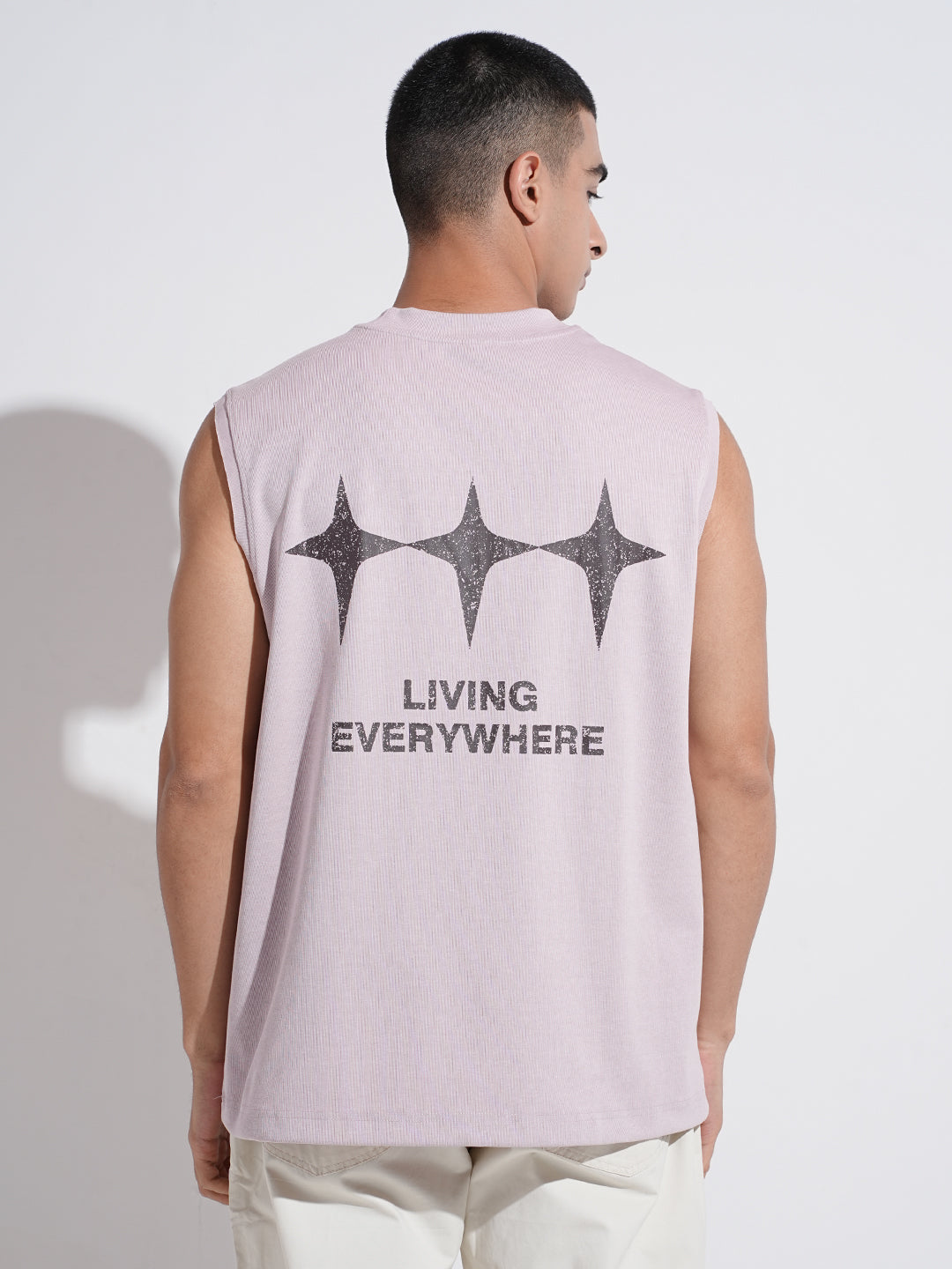 Men's Graphic Print Lavender Sleeveless Round Neck Relaxed Fit T-Shirt