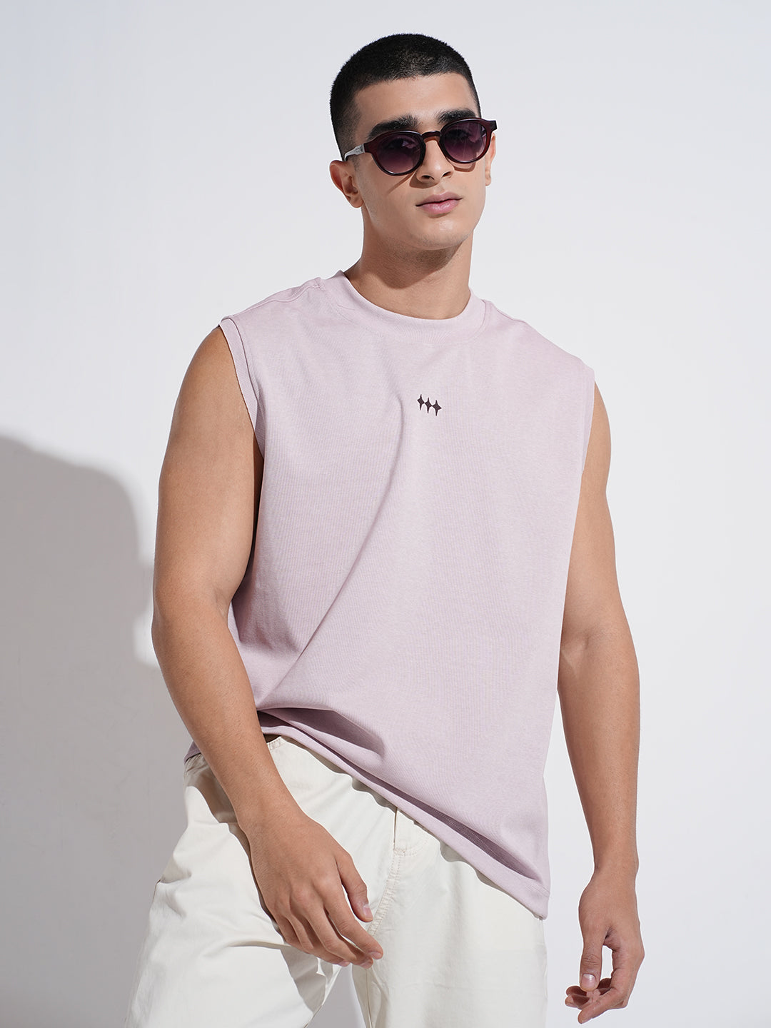 Men's Graphic Print Lavender Sleeveless Round Neck Relaxed Fit T-Shirt