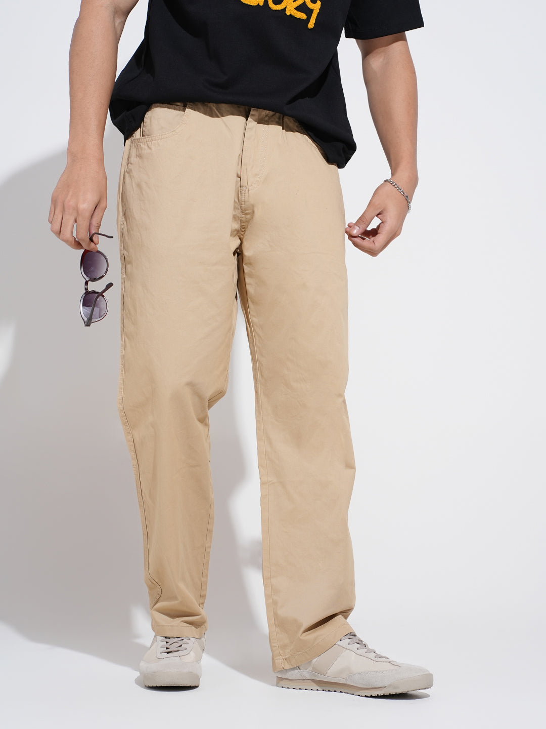 Men's Beige Straight Fit Trousers with Elasticated Waist