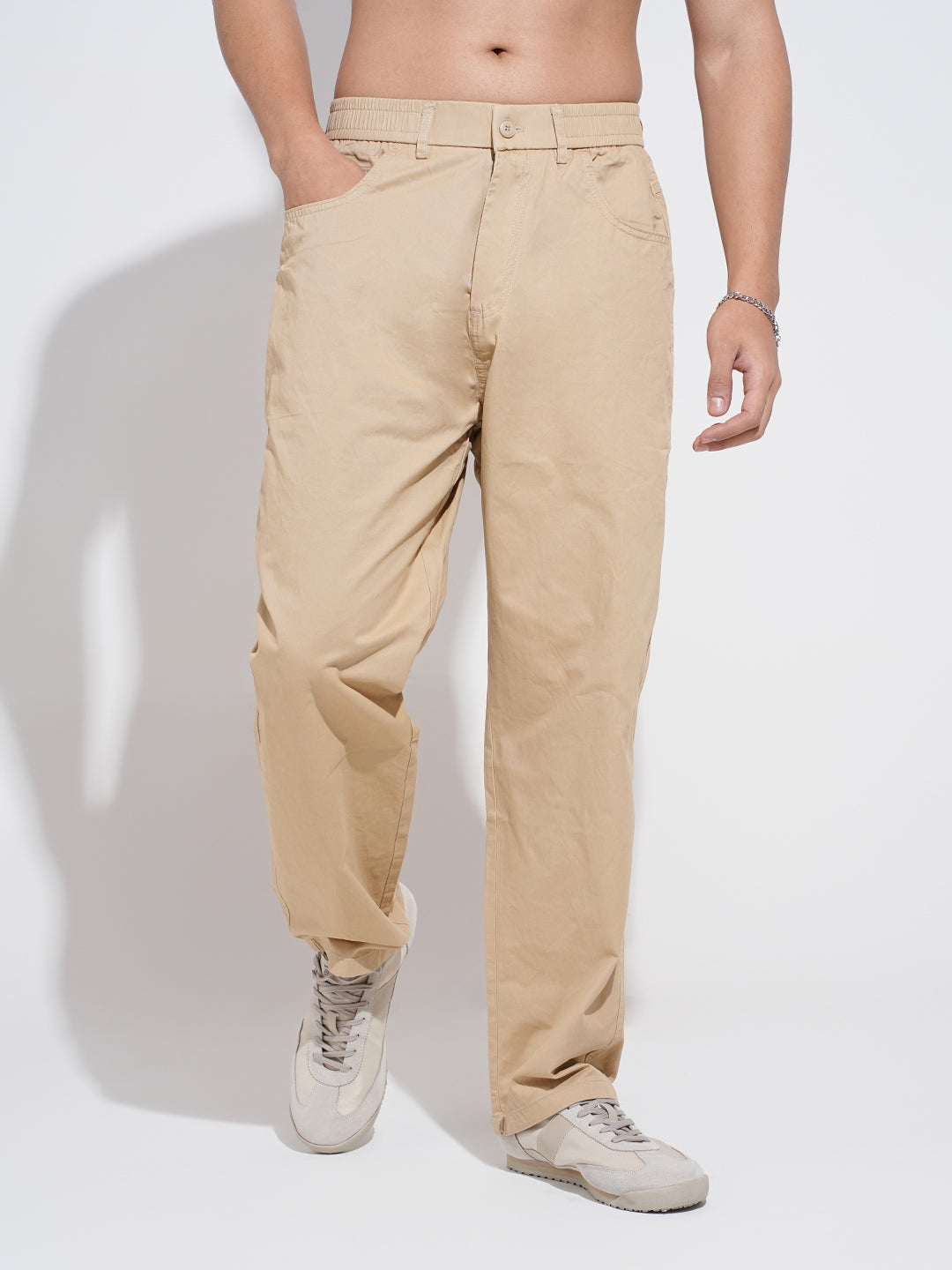 Men's Beige Straight Fit Trousers with Elasticated Waist