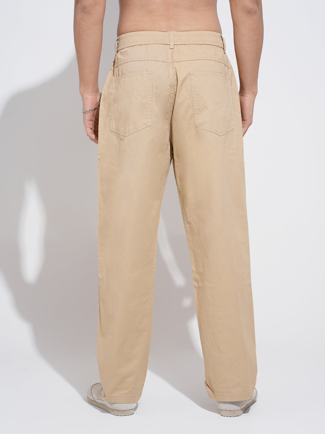 Men's Beige Straight Fit Trousers with Elasticated Waist